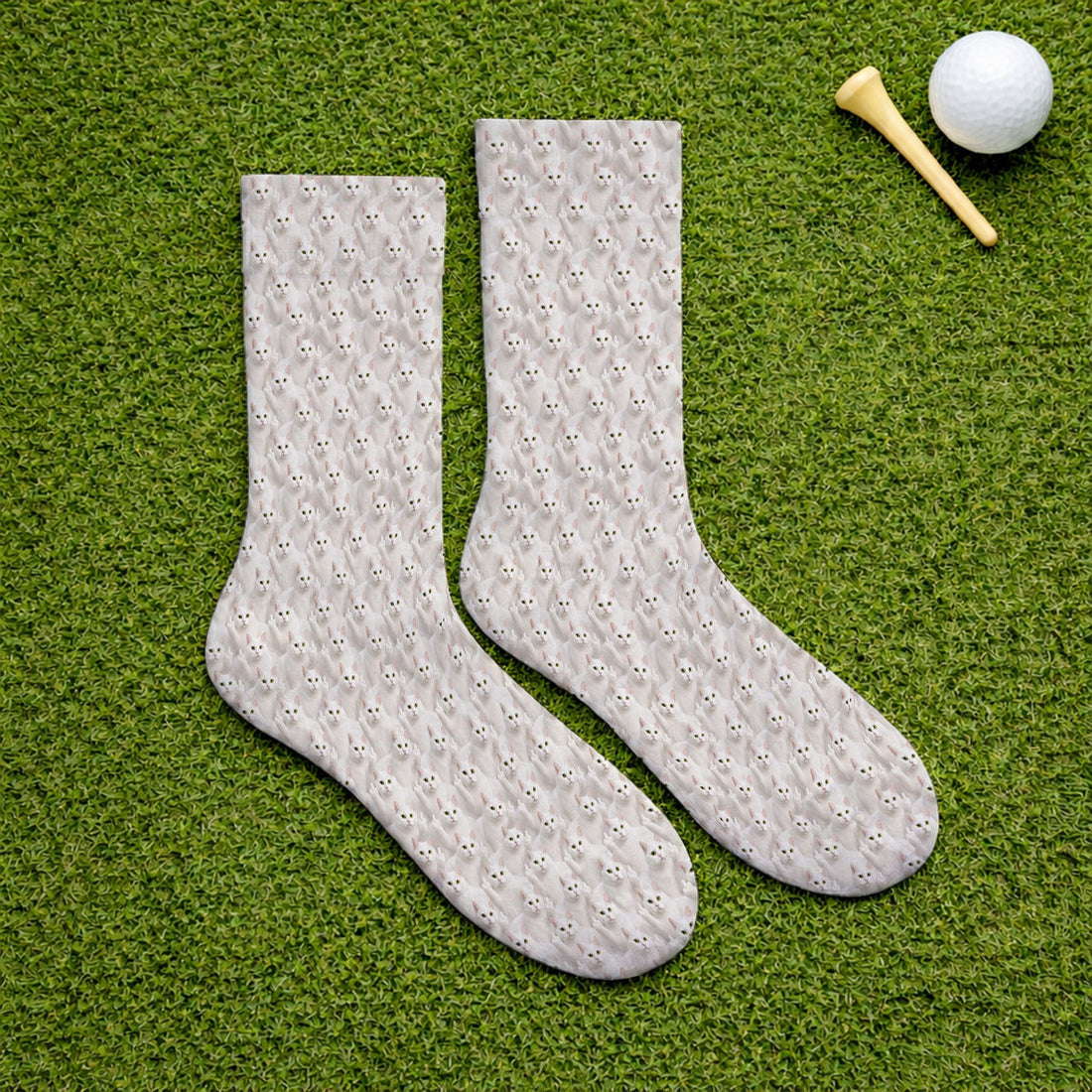 White Cat Pattern Golf Socks, Crazy Cat Lover Golf Sock, Funny Golf Gift For Cat Mom