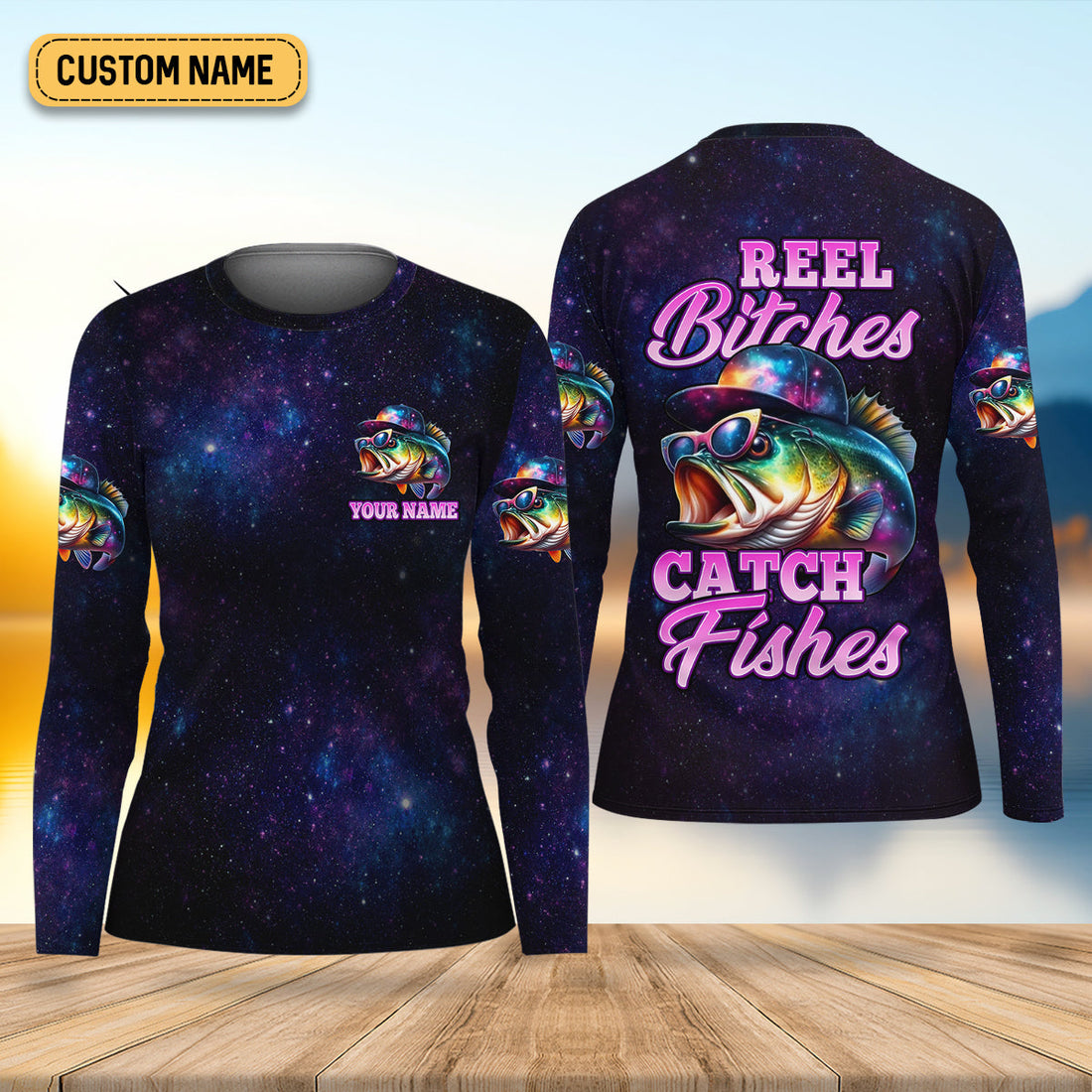 Reel Bitches Catch Fishes Galaxy Pattern Fisherwomen SPF Shirt, Funny Fishing Shirt, Fishing Shirt For Women