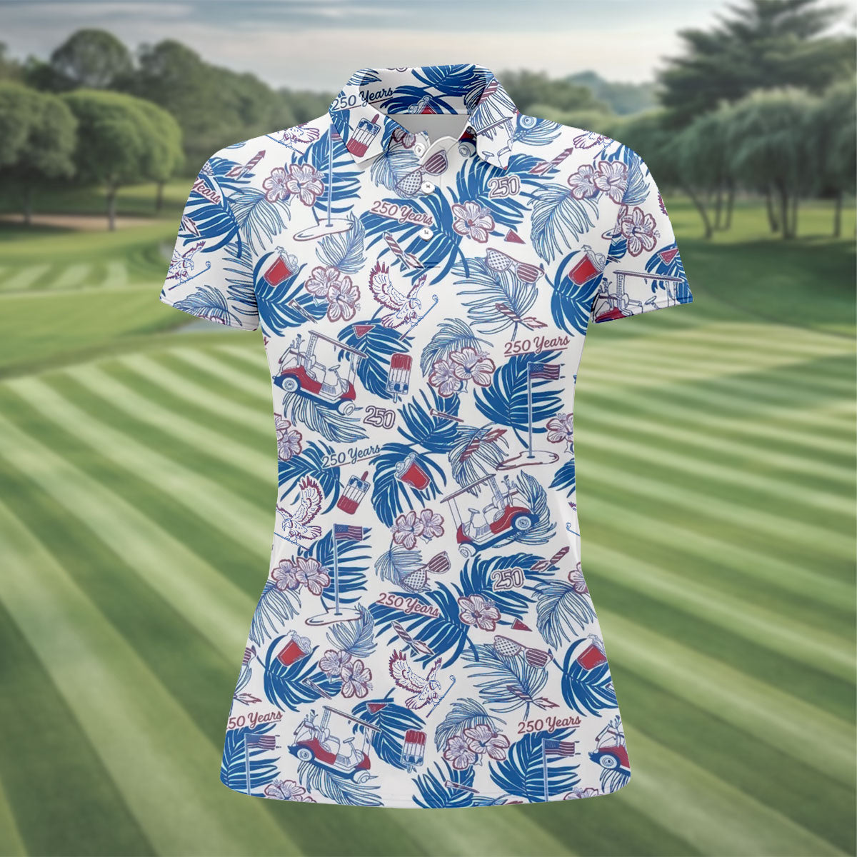 250 Years Red White Blue Tropical Floral Patriotic Golf Shirt, 4th Of July Golf Shirt For Women