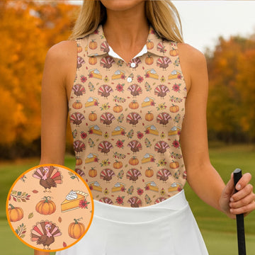 Cute Thanksgiving Turkey Pumpkin Pie Women's Golf Tops, Orange Golf Shirt, Thanksgiving Golf Gift For Ladies