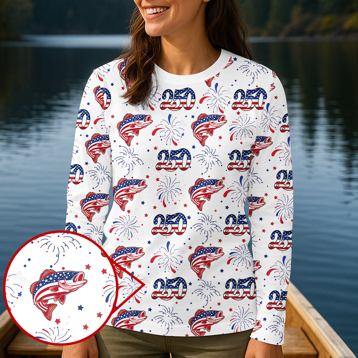 Largemouth Bass Fishing Patriotic Fishing Shirt, Fishing UPF Shirts, 250th Anniversary Fishing Shirt For Women