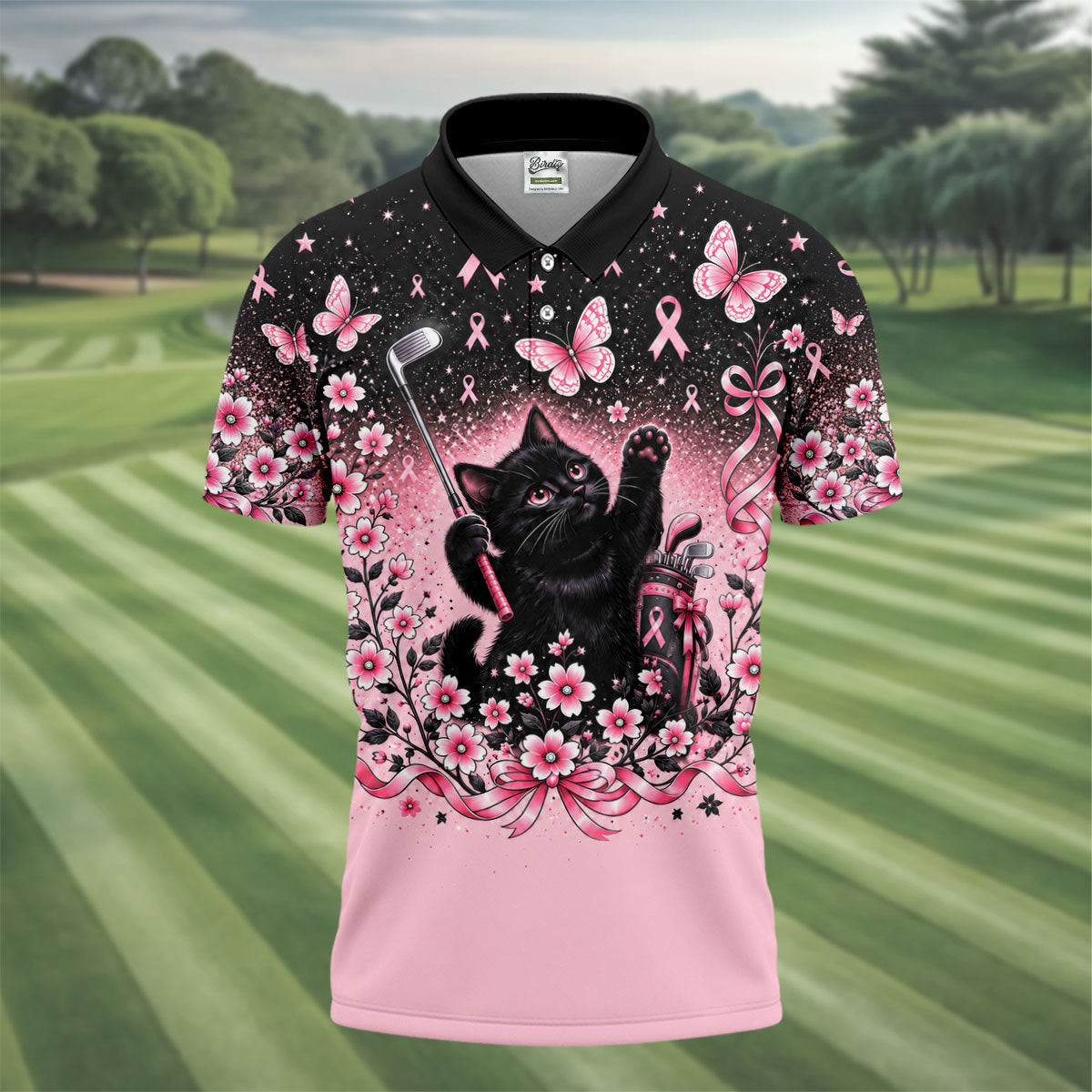 Black Cat Breast Cancer Ribbons Polo Shirt, Mens Golf Polo, Golf Apparel For Men
