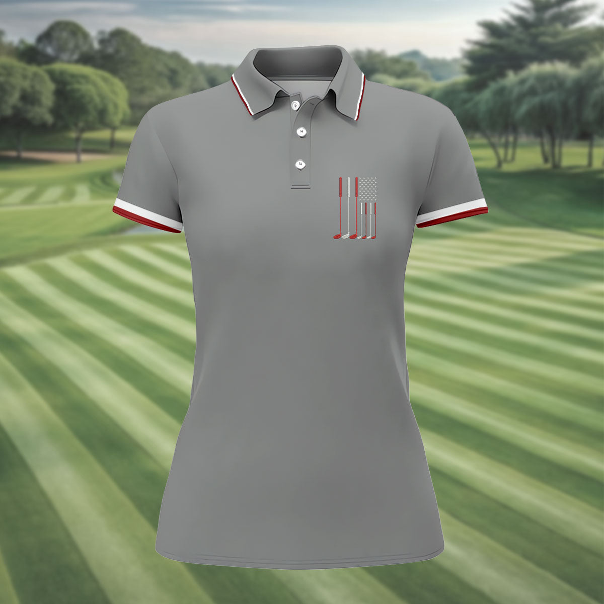 Golf Clubs America Flag Logo 250th Anniversary Grey Golf Shirt, Patriotic Golf Shirt, Women's Golf Tops