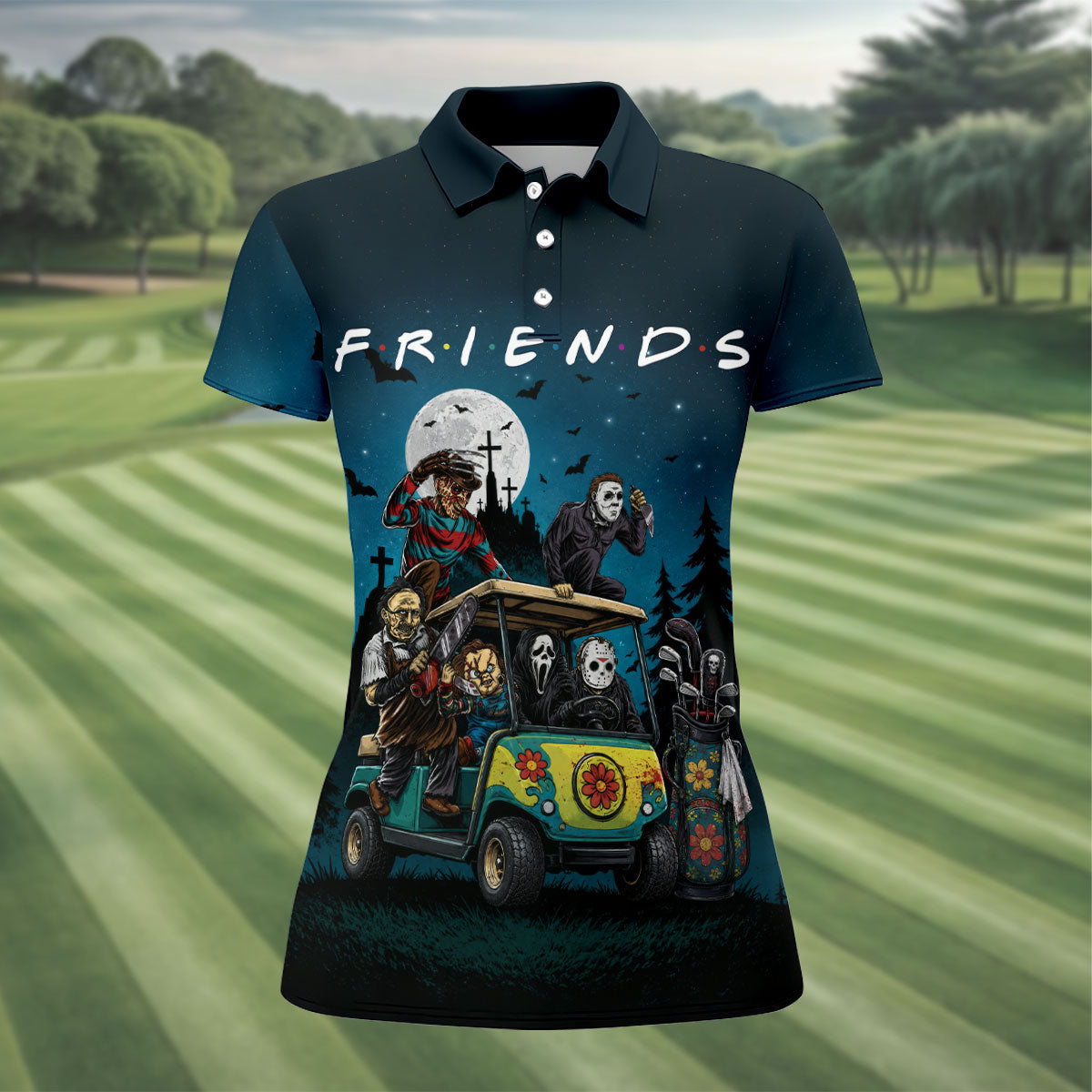 Horror Character Golf Cart Polo Shirt, Halloween Golf Shirt, Womens Halloween Golf Shirt