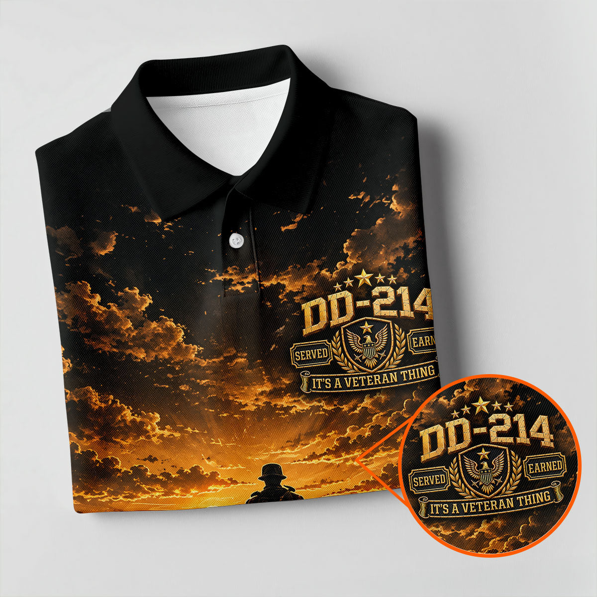 Custom DD-214 Sunset Soldier Golf Polo Shirt, Womens Golf Polo, Veterans Day Shirt
