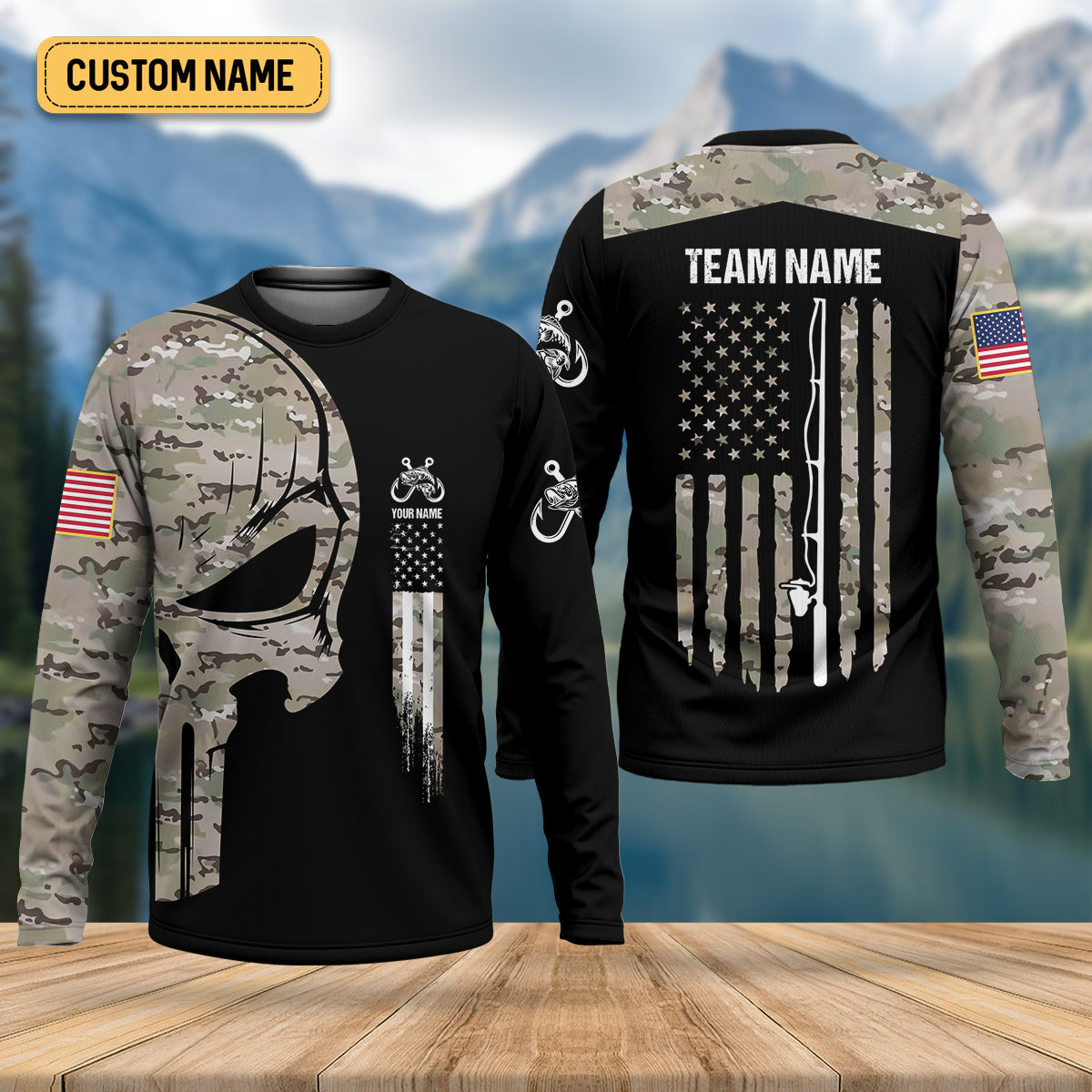 Custom Camo Patriotic Fishing Shirt, Fishing UPF Shirts, Fishing Gifts For Men, Men's Fishing Shirt