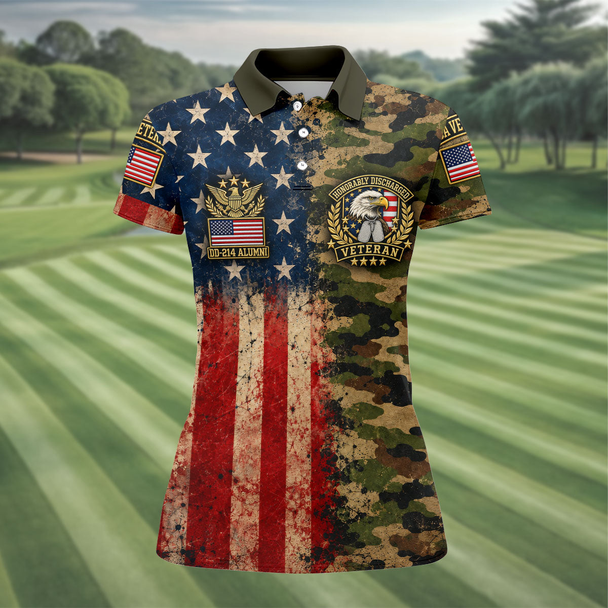 DD-214 Eagle Split USA Flag Camo Polo Shirt, Veterans Day Shirt, Golf Tops For Women