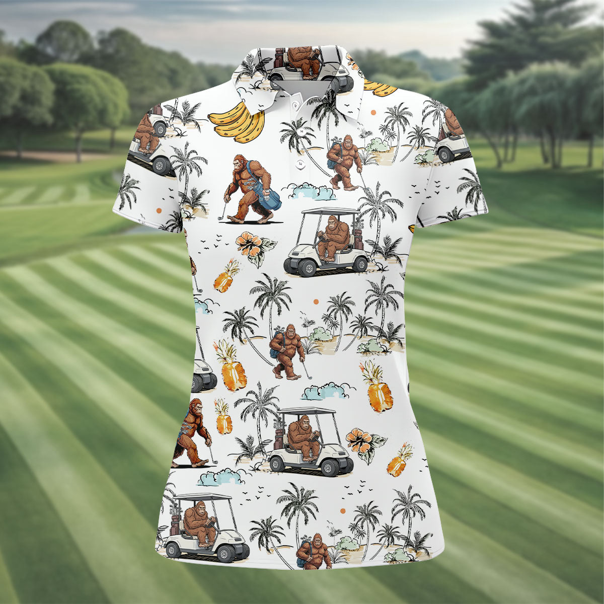 Funny Bigfoot Fruit Flower Hawaiian Golf Polo, Women's Golf Tops, Ladies Golf Shirts, Golfing Apparel