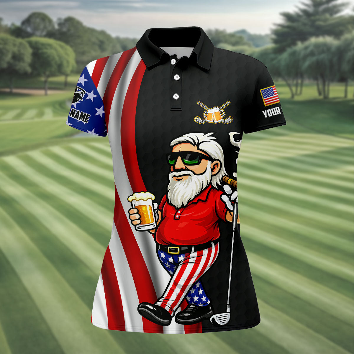 Happiness Is An Old Man With A Beer Funny 4th Of July Black Golf Shirt, 250th Anniversary Women's Golf Tops