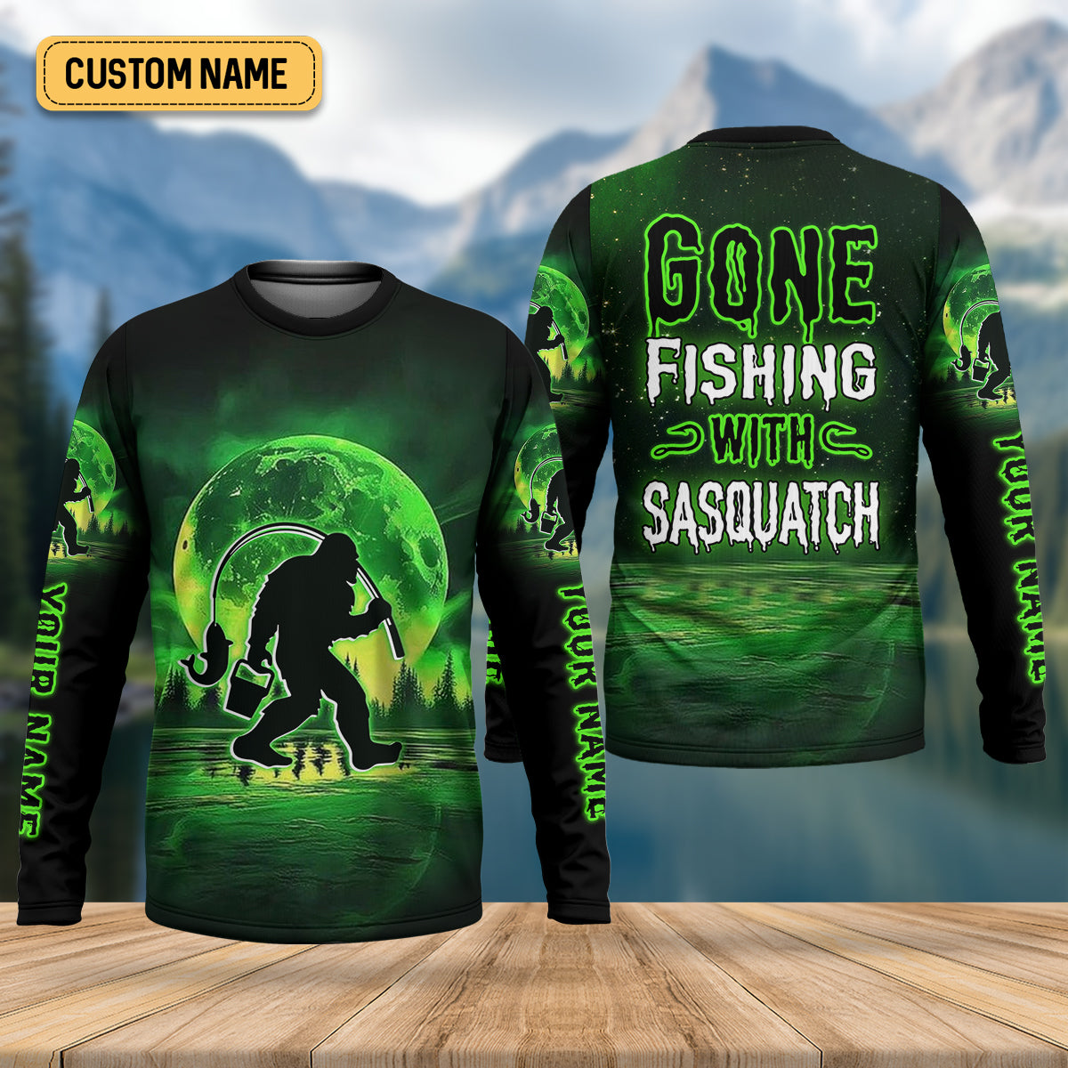 Gone Fishing With Sasquatch Neon Green Color Funny Fishing Shirt, SPF Shirt For Men, Presents For Fishermen