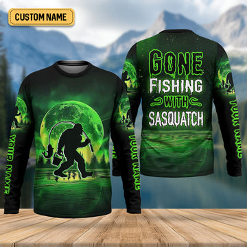 Gone Fishing With Sasquatch Neon Green Color Funny Fishing Shirt, SPF Shirt For Men, Presents For Fishermen
