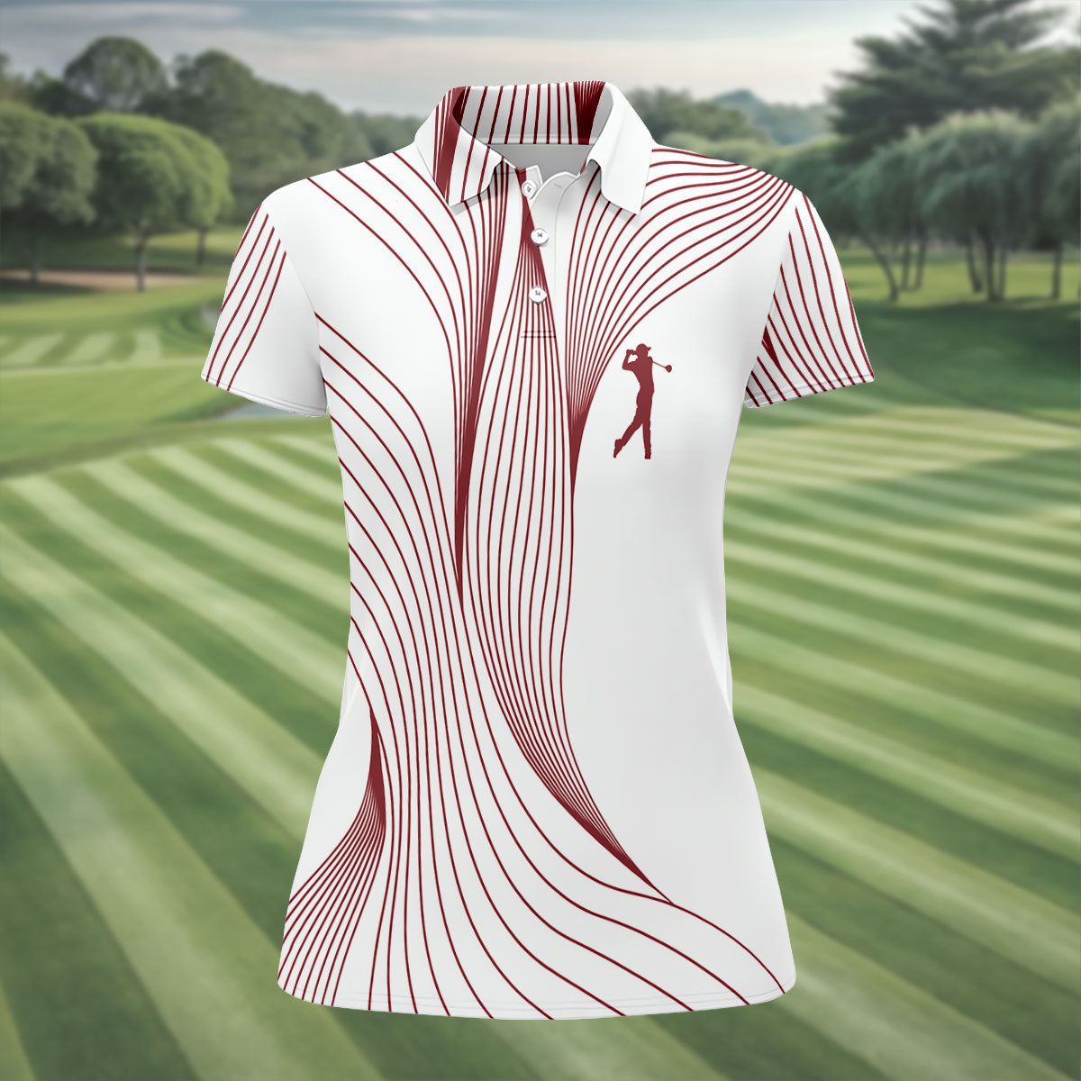 Geometric Line Wavy Line Maroon And White Women's Golf Tops, Ladies Golf Shirts, Women's Polo Shirt