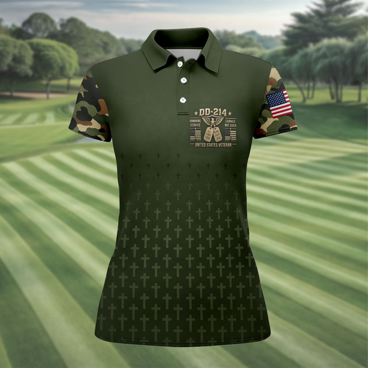 DD-214 Olive Green Cross Camo Polo Shirt, Golf Shirts For Women, Veterans Day Shirt