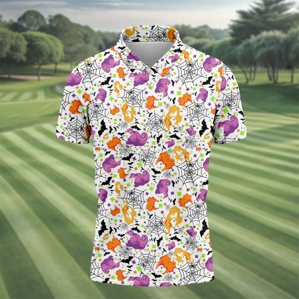 Halloween Witch Horror Character Spider Web Polo Shirt, Mens Golf Polo, Mens Golf Apparel