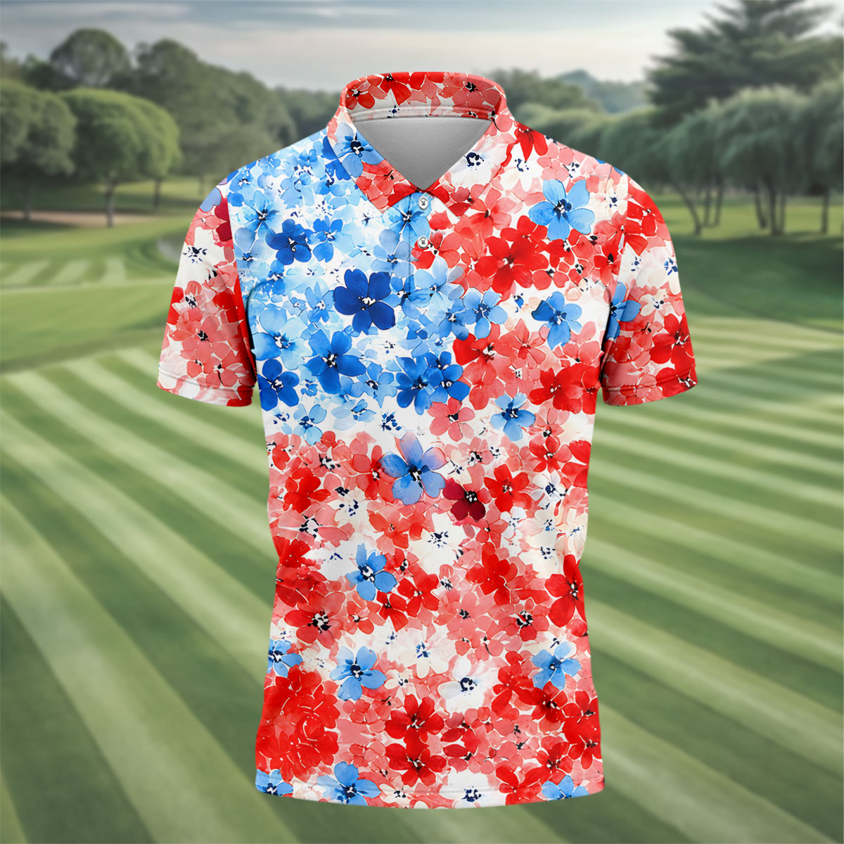 Patriotic Floral Golf Shirt, Red White Blue Blossom Pattern, Golf Shirt For Men
