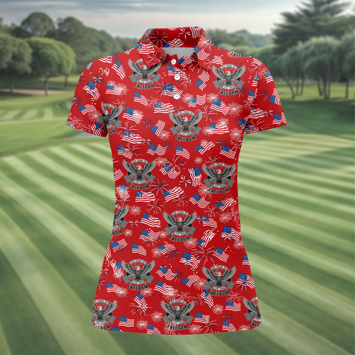 250 Years Of Freedom Festive Flag Vintage Red Golf Shirt, Patriotic 4th Of July Golf Shirt For Women