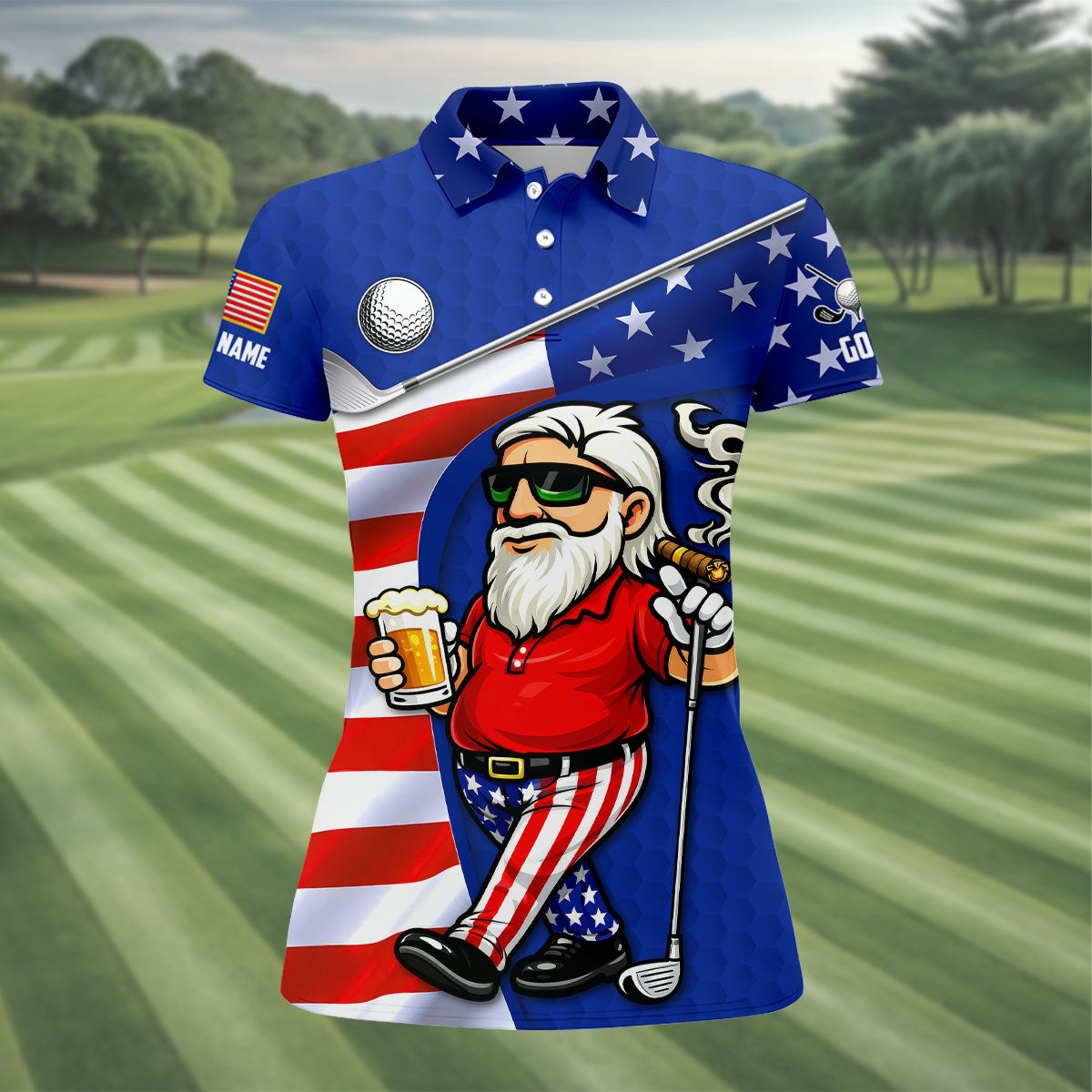Golf And Beer Patriotic Man Golf Ball Pattern 4th Of July Navy Golf Shirt, 250th Anniversary Women's Golf Tops