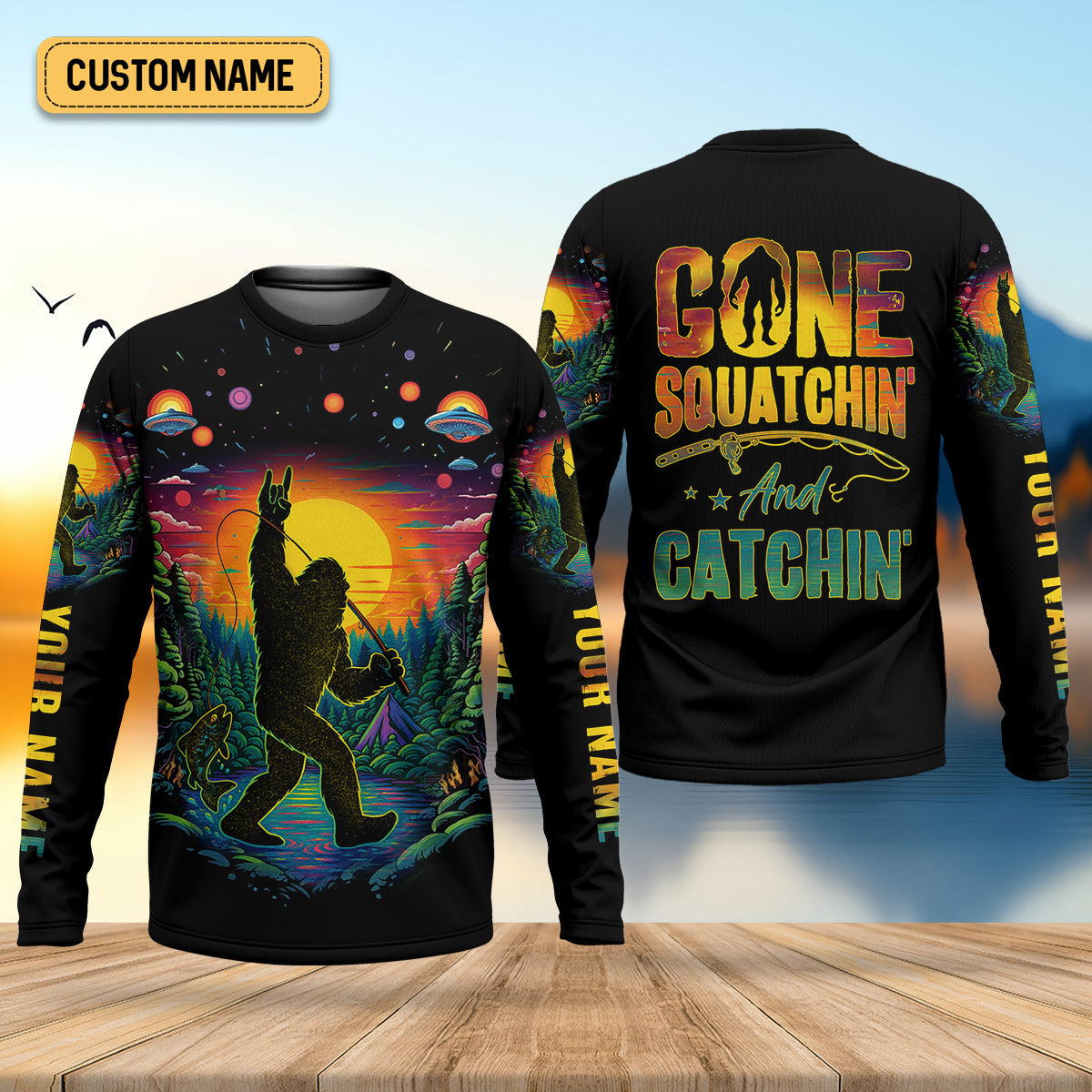 Gone Squatchin And Catching Alien Bigfoot Funny Fishing Shirt, SPF Shirt For Men, Fishing Shirts For Men