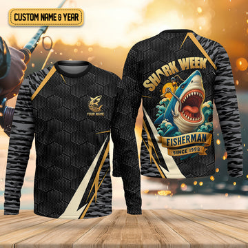 Shark Week Hexagon Pattern Black Fishing Shirt, SPF Shirt For Men, Men's Fishing Shirt
