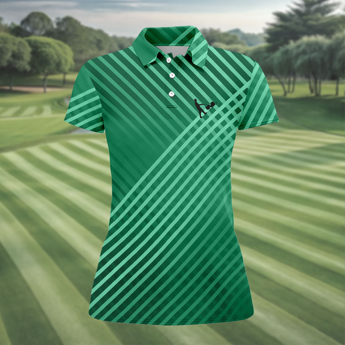 Green And White Striped Pattern Women's Golf Tops, Performance Golf Shirt, Ladies Golf Shirts