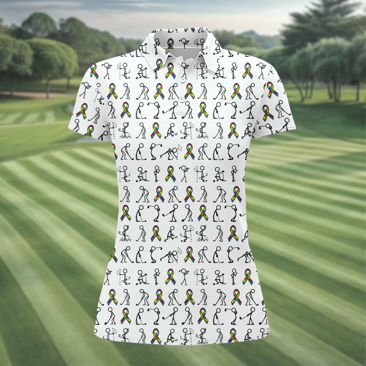 Stick Figure Golf Pose Autism Ribbon White Golf Shirt, Autism Awareness Colors Ladies Golf Polos