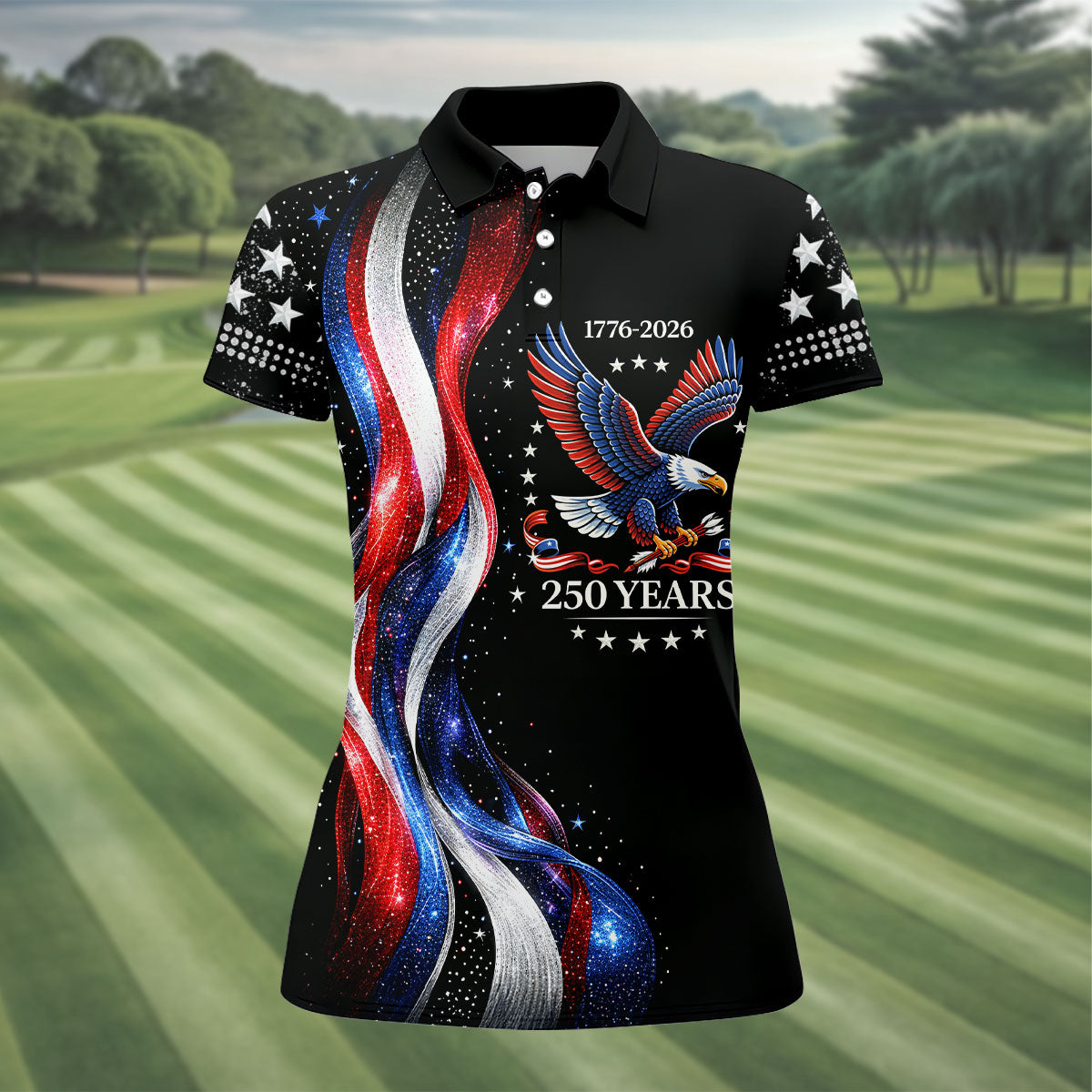 America Bald Eagle Red And White Striped Ribbon 4th Of July Golf Shirt, 250th Anniversary Golf Shirt For Women