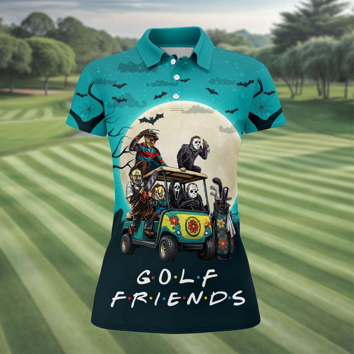 Horror Character Golf Cart Halloween Polo Shirt, Golf Shirts For Women, Halloween Shirt
