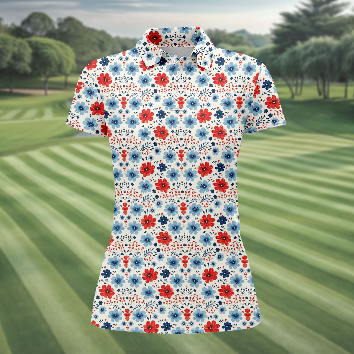 Red White Blue Floral Pattern 250th Anniversary Patriotic Golf Shirt, 4th Of July Golf Shirt For Women