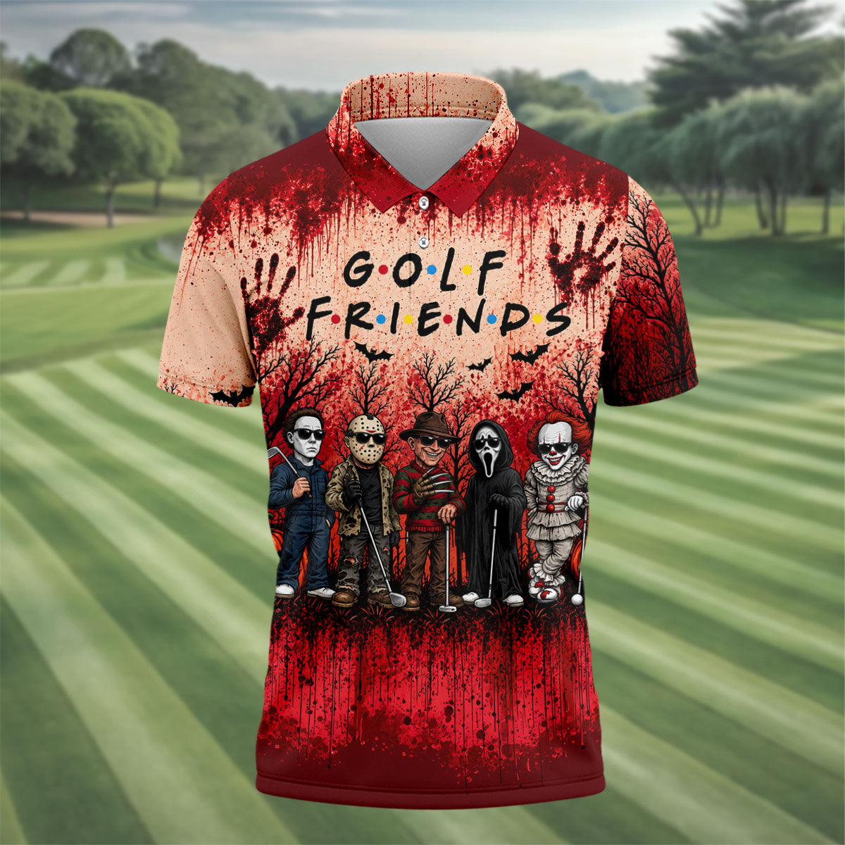 Golf Friends Halloween Horror Character Group Polo Shirt, Mens Golf Polo, Golf Apparel