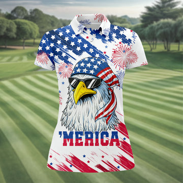 Cool Bald Eagle 4th Of July American Flag Pattern 4th Of July Women Golf Top, 250th Anniversary Patriotic Golf Shirt