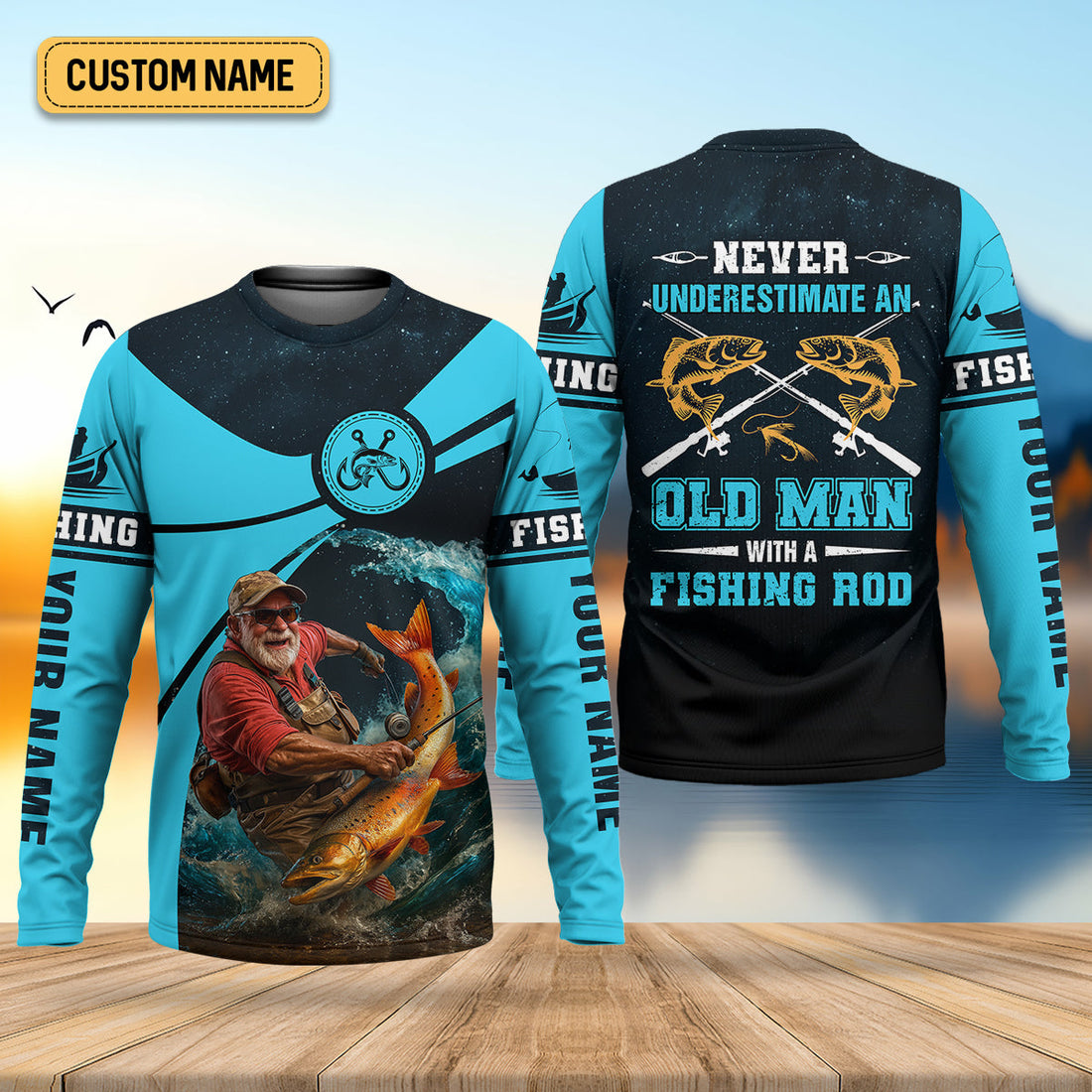 Never Underestimate An Old Man With A Fishing Rod Custom Name UPF Shirts, Men's Fishing Shirt