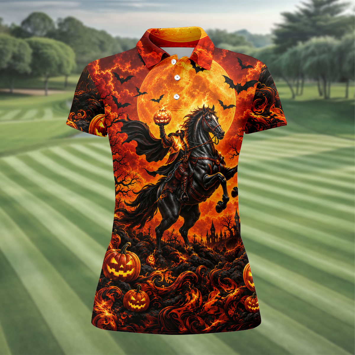 Fire Moon Rider Halloween Horror Character Polo Shirt, Golf Polo, Golf Shirts For Women
