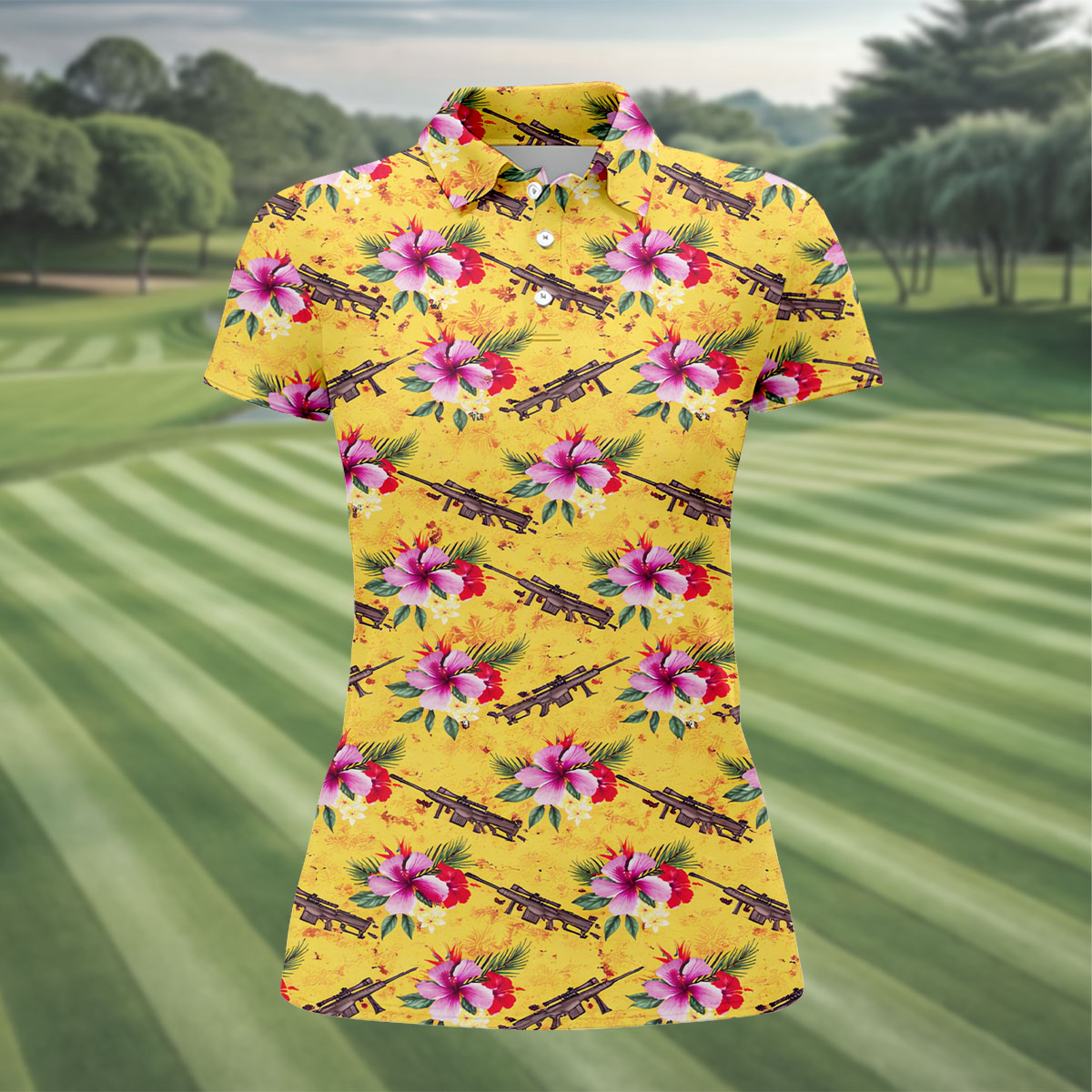 Floral Pattern Army Theme Hawaiian Yellow Golf Shirt, Women's Golf Tops, Ladies Golf Shirts
