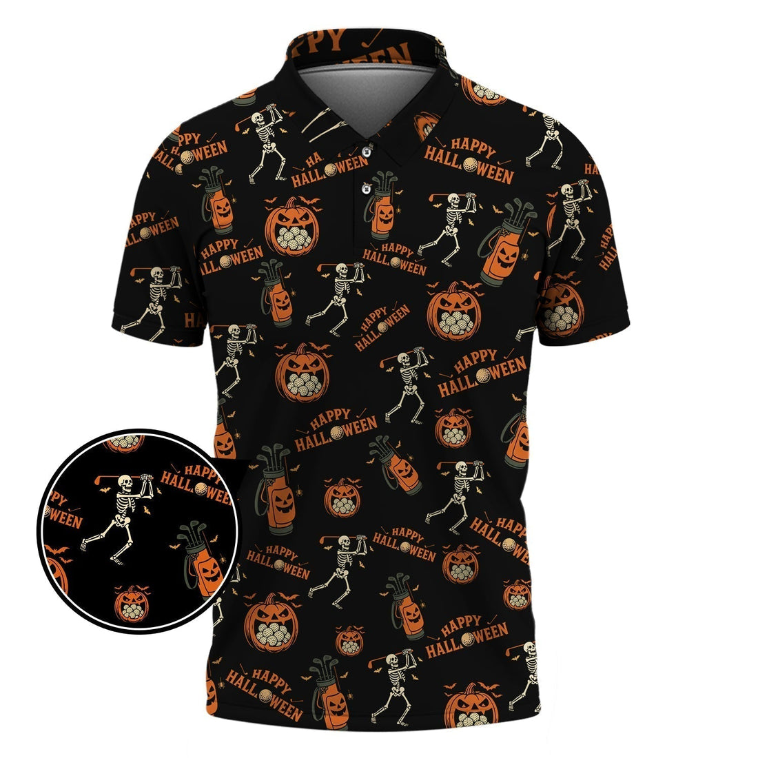 Pattern Golf Shirt, Halloween Skeleton With Pumpkin Golf Polos, Funny Golf Shirt For Men