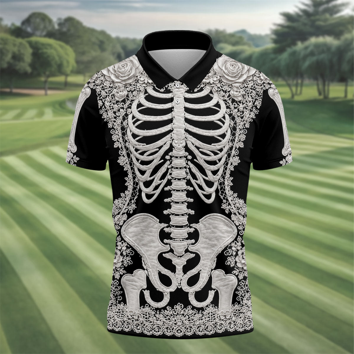 Floral Skeleton Halloween Golf Polo Shirt, Golf Shirts For Men, Mens Golf Apparel