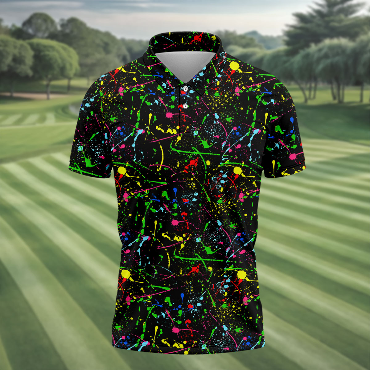 Black Neon Paint Splatter Golf Shirt, Men's Golf Shirt, Golf Apparel For Men