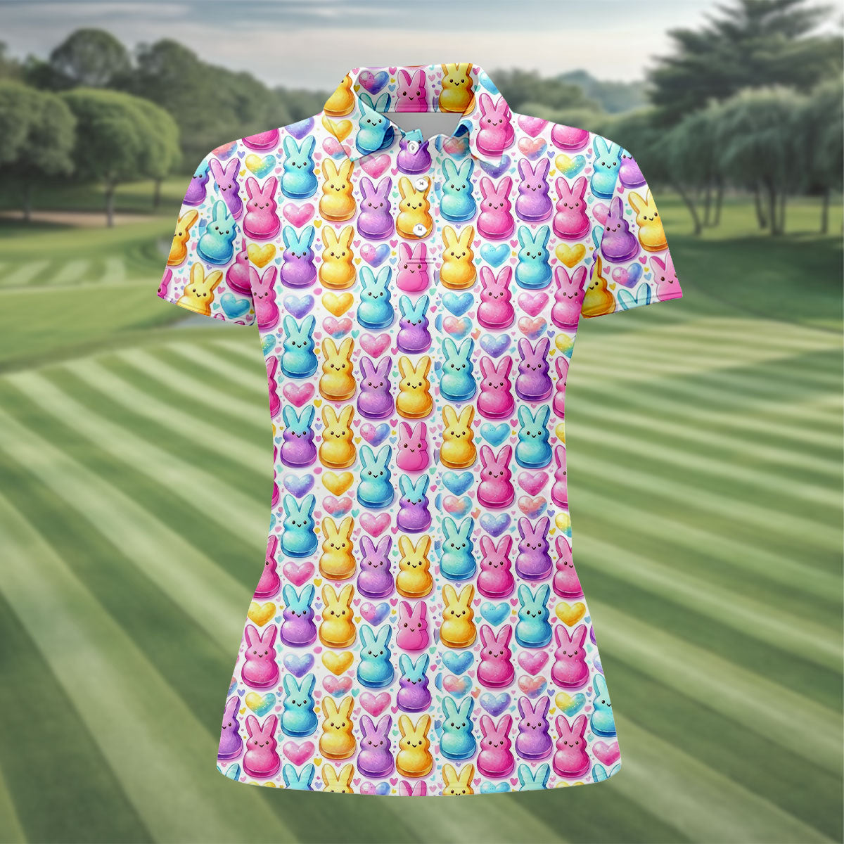 Easter Bunny Jelly Effect Seamless Pattern Women Golf Top, Fun Women's Golf Shirts, Ladies Golf Shirts