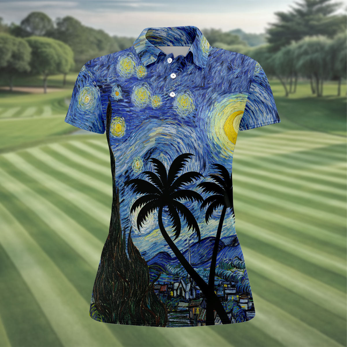 Van Gogh Starry Night Tropical Palm Tree Golf Shirt, Golf Polo For Women, Printed Golf Shirt