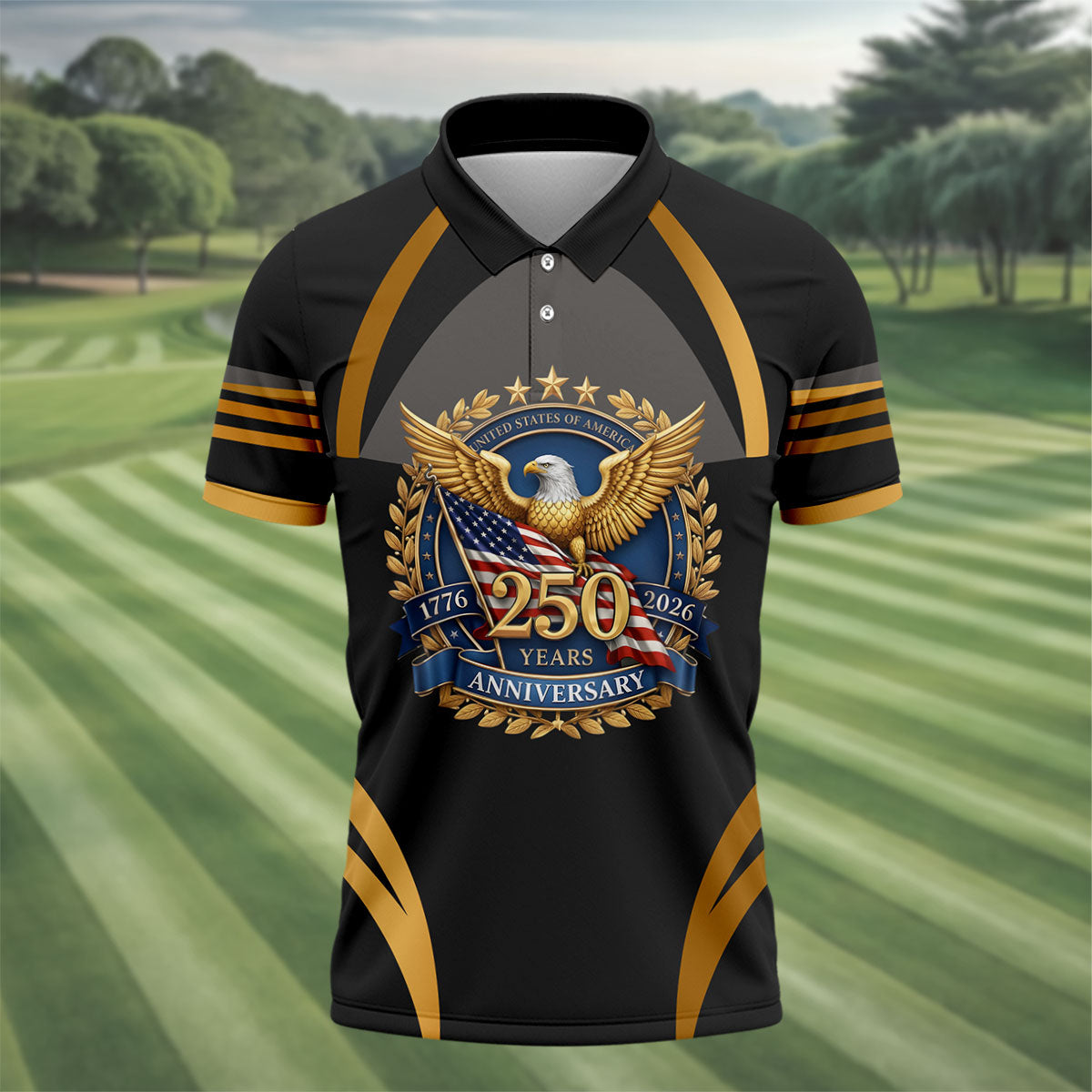 250 Years Anniversary Bald Eagle US Flag Patriotic Golf Shirt, 4th Of July Golf Shirts For Men