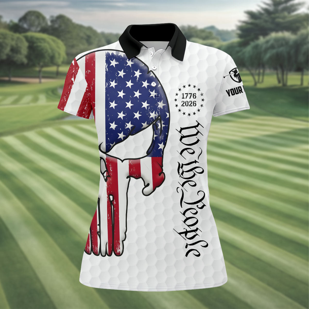 We The People 250 Celebration US Flag Pattern Skull Golf Shirt, Patriotic 4th Of July Golf Shirt For Women