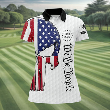 We The People 250 Celebration US Flag Pattern Skull Golf Shirt, Patriotic 4th Of July Golf Shirt For Women