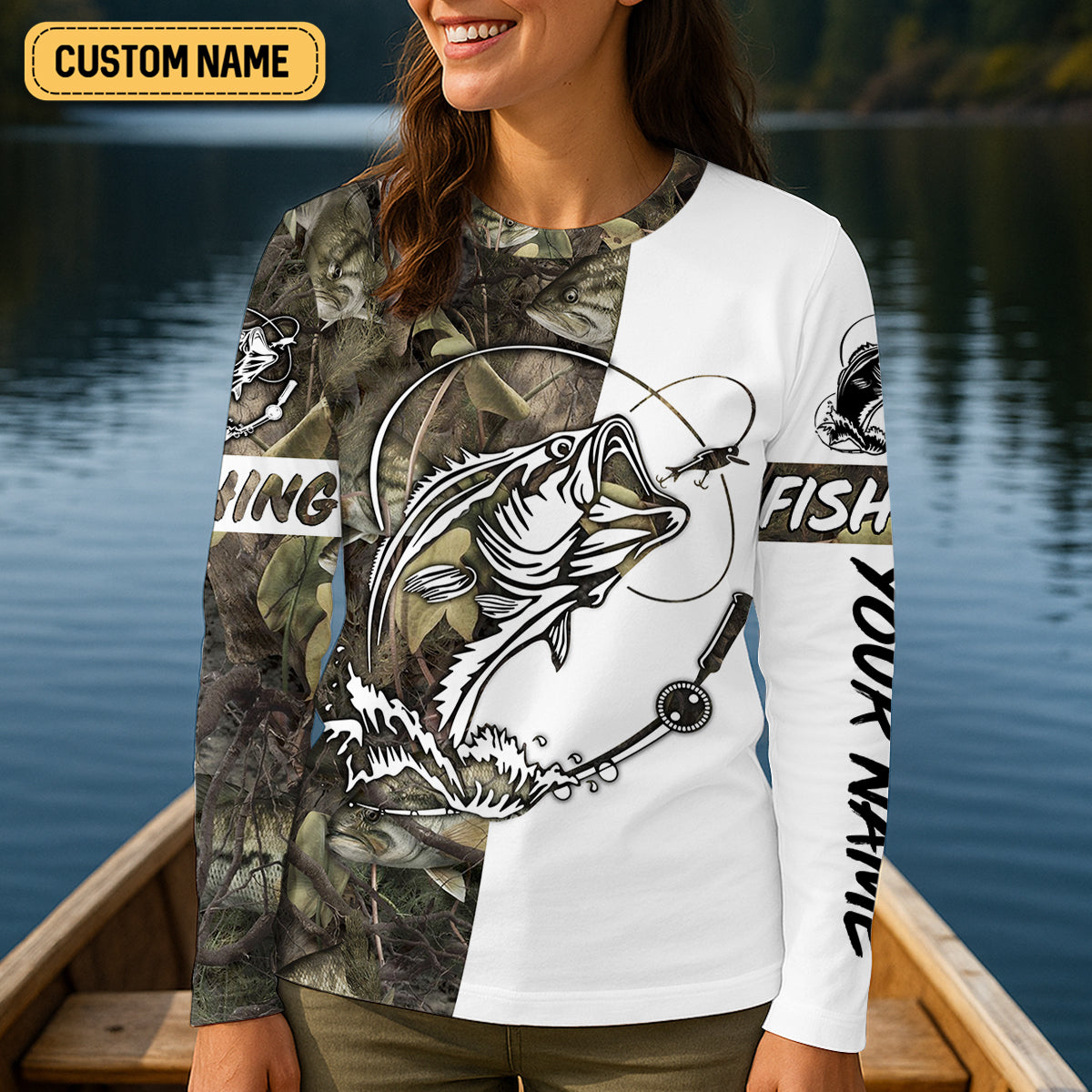 Camo Black Fishing UPF Shirts, Camouflage Fishing Shirts, Fishing Shirt For Women, Female Fishing Shirts