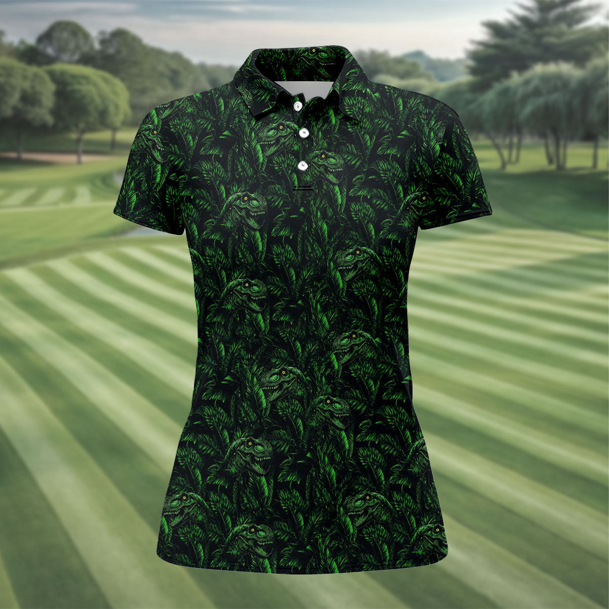 Dinosaurs In The Forest Deep Forest Green Hawaiian Golf Shirt, Women's Polo Shirt