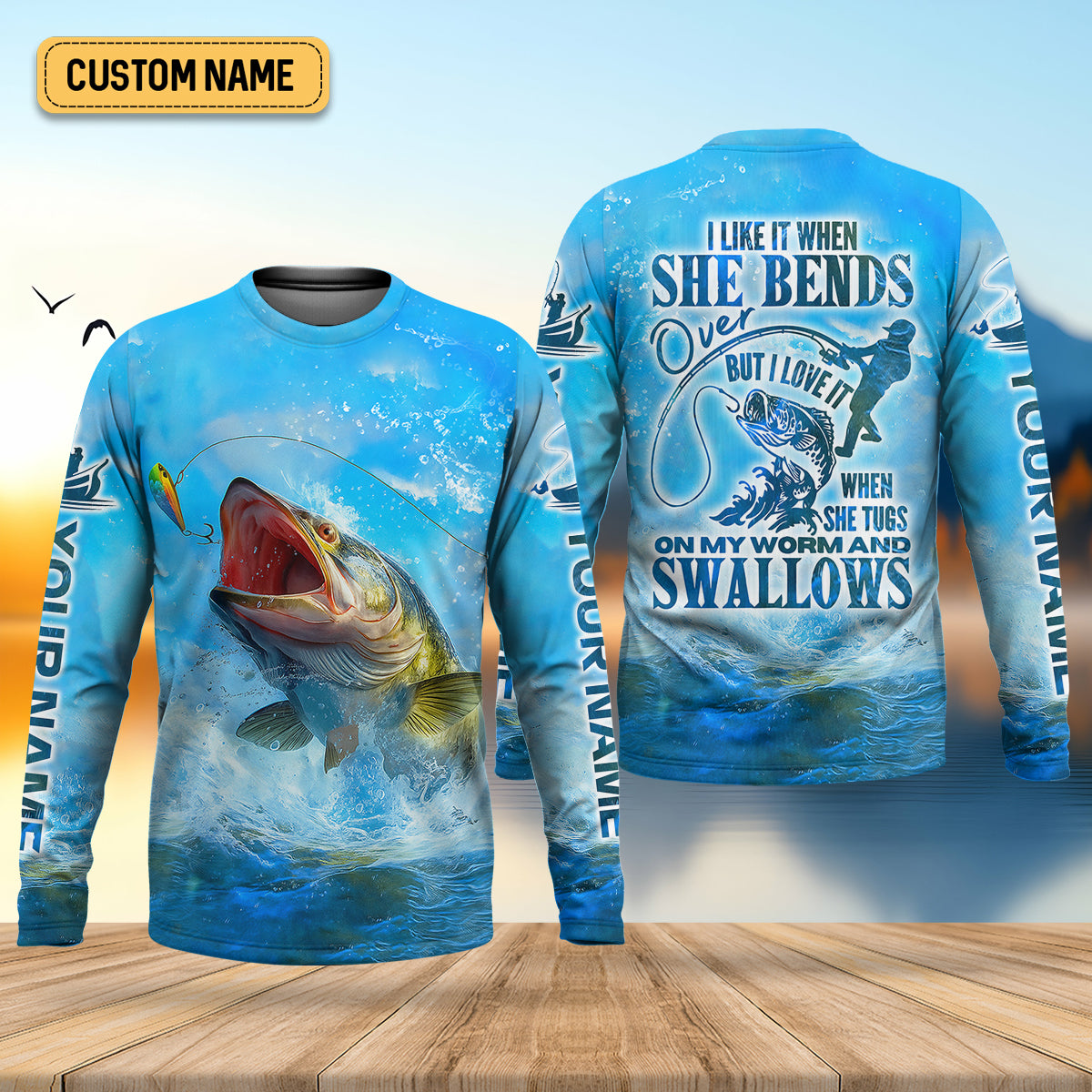 I Love It When She Tugs On My Worm And Swallows Blue Fishing Shirt, SPF Shirt For Men, Men's Fishing Shirt