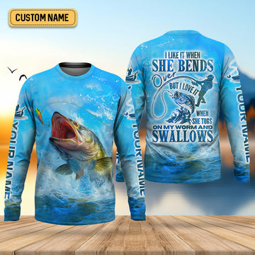 I Love It When She Tugs On My Worm And Swallows Blue Fishing Shirt, SPF Shirt For Men, Men's Fishing Shirt
