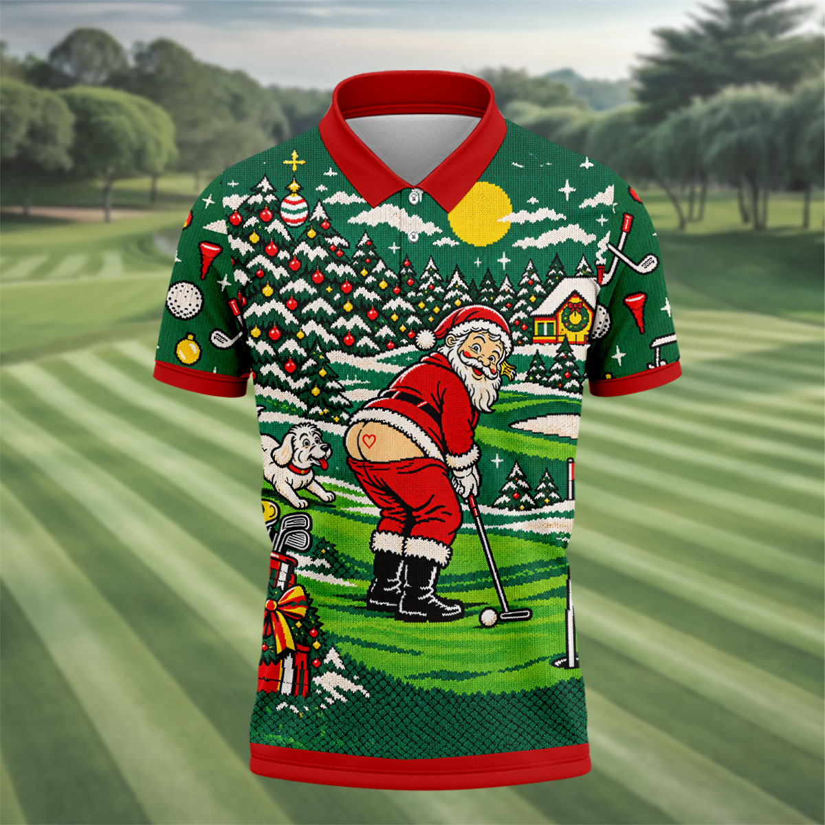 Funny Santa Mooning Dog Christmas Golf Shirt, Mens Golf Polo, Golf Shirts For Men