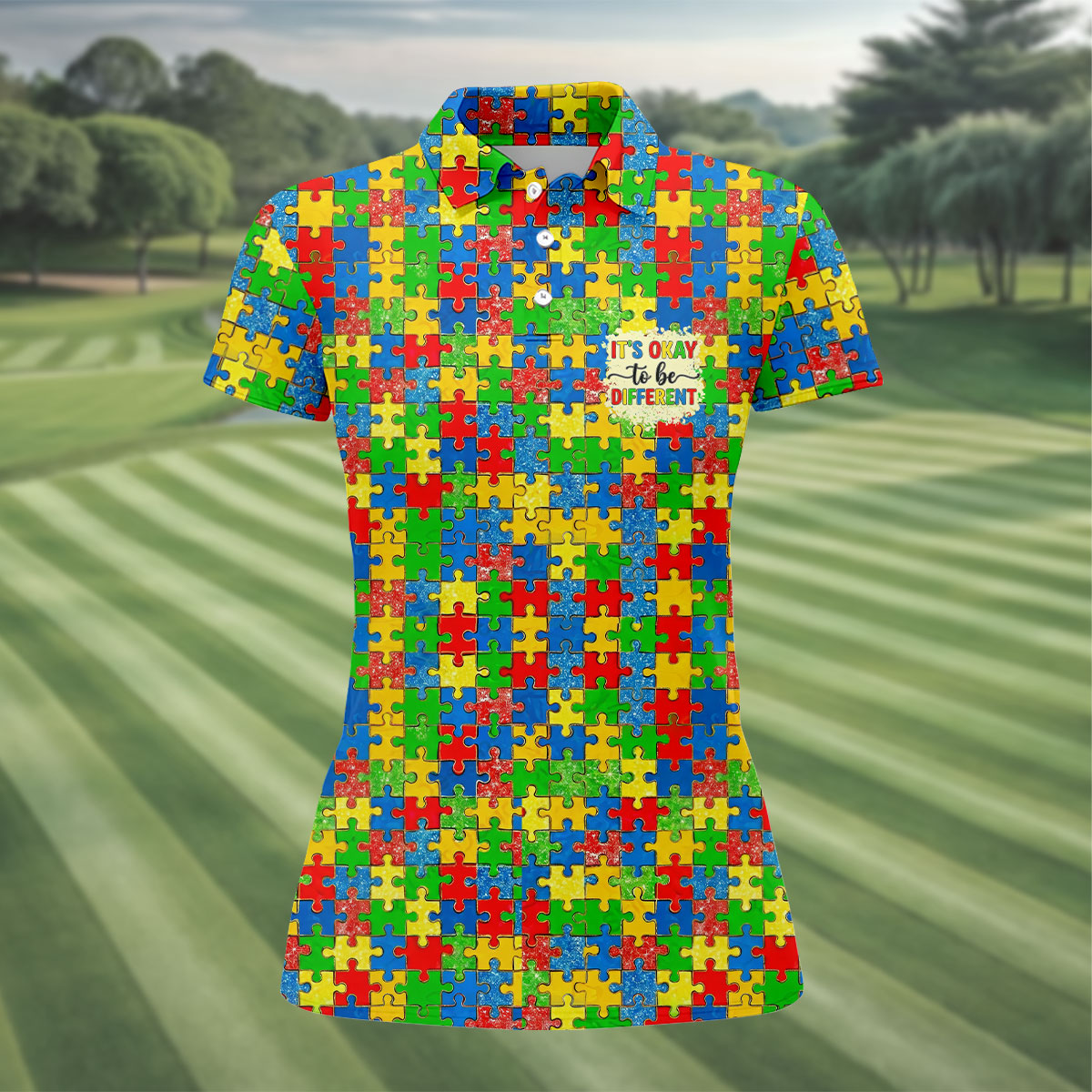 It's Okay To Be Different Colorful Puzzle Pattern Autism Awareness Golf Shirt For Women, Ladies Golf Polos