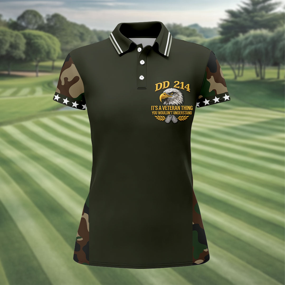 DD-214 Eagle Olive Green Camo Polo Shirt, Womens Golf Shirts, Veterans Day Golf Shirt