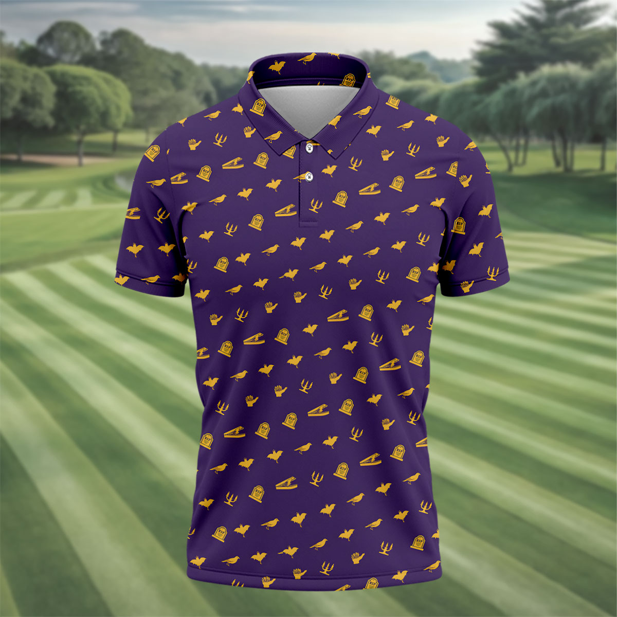 Purple Gravestone Bat Halloween Pattern Polo Shirt, Golf Shirts For Men, Mens Polo Shirts