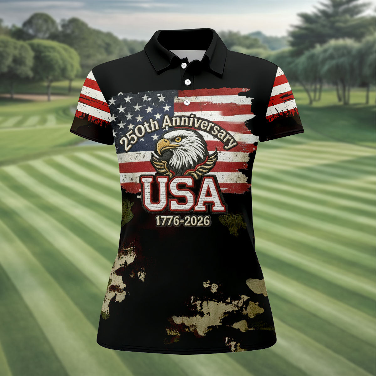 250th Anniversary USA 1776-2026 Distressed Flag Golf Shirt For Women, Patriotic 4th Of July Golf Shirt